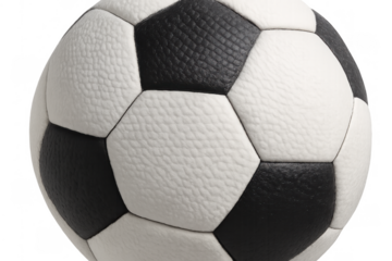 Traditional soccer ball with black and white panels, representing sport, championship, and competitive game on transparent background