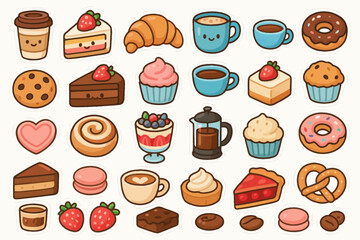 Cute cartoon bakery items: croissant, cupcake, doughnut, coffee, cake, pretzel, pastries, stickers