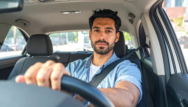 Young man driving car, looking at camera with serious expression.