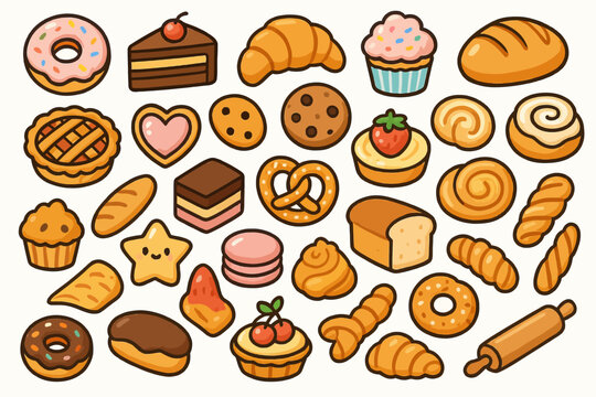 Cute assorted bakery goods icons with pastries, bread, and desserts variety
