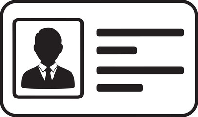 Simple black and white icon of an identification card with a person s photo and text fields