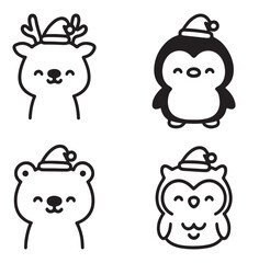 Cute Christmas Animal Cartoon Icons Set: Reindeer, Penguin, Bear, Owl Faces with Santa Hats, Black Outline Doodle Vector Clipart for Holiday Design.
