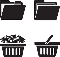 Collection of four black silhouette icons representing folders and shopping baskets