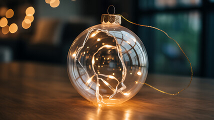 Close-up of Clear Glass Christmas Bauble Illuminated by Warm Fairy Lights christmas ornament