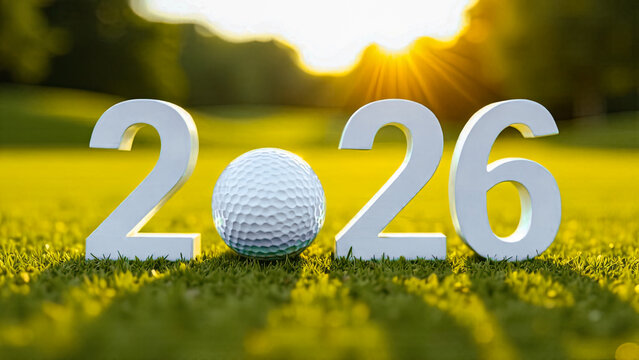 Golf ball with white letter 2026 on a golf field background, 2026 new year sport concept.