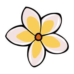 A stylized vector illustration of a plumeria flower with soft pink and yellow petals and a dark outline.