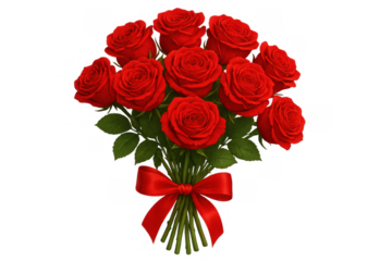 Red roses bouquet tied with a silk ribbon representing love, romance, passion, and celebration on a transparent background
