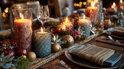 Festive table setting with lit candles ornaments and glassware holiday