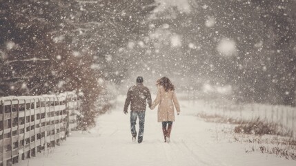 Couple holding hands walking down a snow covered path during a snowfall