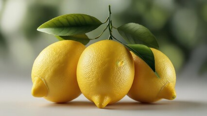 Three lemons with green leaves