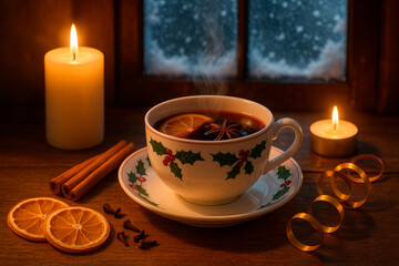 Warm mug of mulled wine stands next to candles and spices against backdrop of snowy window. Rustic style