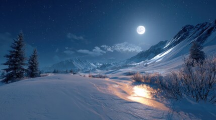 Snowy mountain landscape under a full moon and starry night sky with a frozen stream reflecting light
