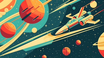 Retro styled starfighter navigates a vibrant celestial expanse filled with planets and stars