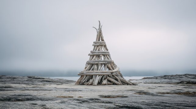 A conical driftwood sculpture stands on a rocky shore against a misty ocean backdrop