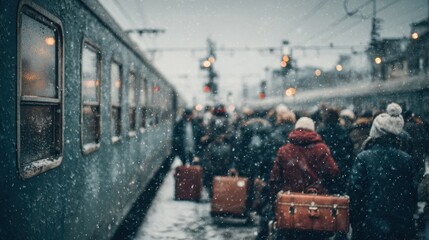 People with suitcases waiting at a train station in falling snow travel