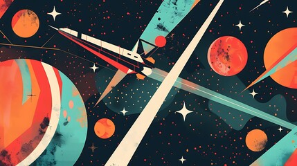 Stylized depiction of an aerospace vehicle navigating a vibrant planetary field in deep space