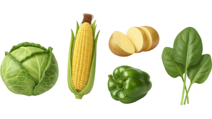 Healthy Vegetable Collection: Cabbage, Corn on the Cob, Sliced Potato, Green Pepper, and Spinach, Transparent PNG