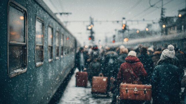 People with suitcases waiting at a train station in falling snow travel