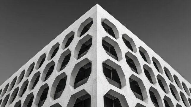 Modern concrete building facade with hexagonal window openings against a gray sky