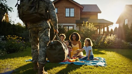 Soldier in camouflage uniform carrying duffel bag walks toward family waiting in sunny suburban backyard at sunset - Powered by Adobe