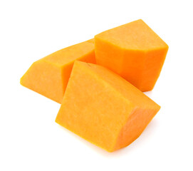 Bottle shaped butternut pumpkin and a cut one on a white background 