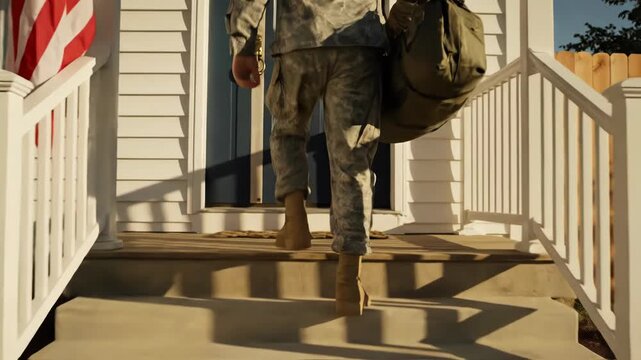 Soldier in camouflage uniform walking away from suburban home with american flag displayed on porch