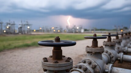 Fototapeta premium Industrial pipeline valves under a stormy sky with distant lightning