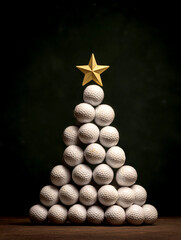 Creative Christmas tree made of ten golf balls with a star on top, set against a dark green background, combining holiday and sports themes.