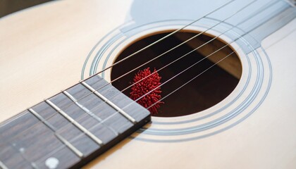 Obraz premium Close-Up of Acoustic Guitar with Red Spiky Ball Inside Sound Hole Against Natural Wood Texture