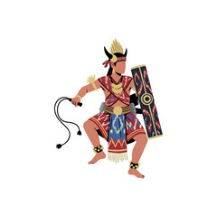 Traditional Warrior with Shield and Whip Depicting Cultural Heritage and Strength in Dynamic Pose