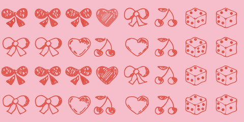 Hand drawn pink pattern with bows hearts cherries and dice