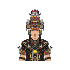 Detailed illustration of a person in traditional indigenous clothing and headdress, featuring intricate beadwork and colorful feathered adornments