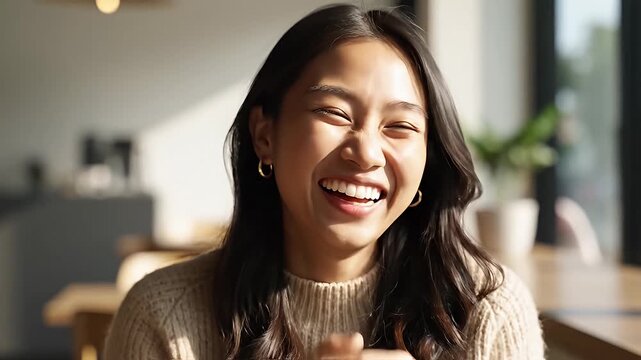 Joyful Young Asian Woman Laughing Heartily Covering Mouth to Suppress Giggles Candid Moment of Pure Happiness and Amusement in a Cozy Indoor Setting with Natural
