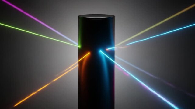 Abstract animation with laser beams and a black cylinder on a gray background creating a