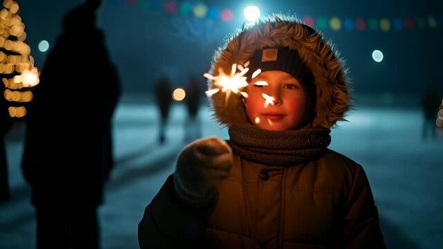 Joyful young boy celebrating with sparkling firework at winter festival outdoors