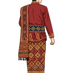 Traditional Indonesian Man in Richly Patterned Red Attire with Elaborate Sash and Sarong, Back View