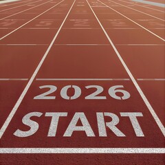 A running track lane with a clear start line marked 2026 start