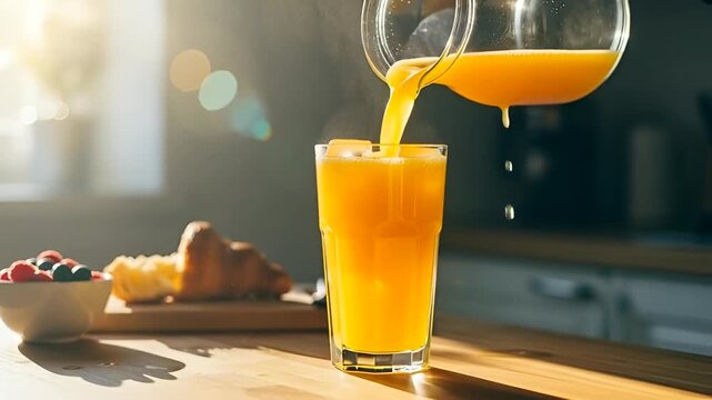 Invigorating orange juice is poured for a refreshing start to a bright morning