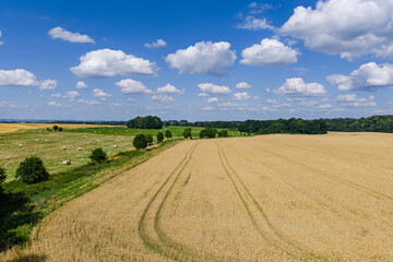 Aerial drone view of rural villages and agricultural fields near Opole and Nysa in Poland, showing...