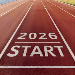 A running track displaying the year 2026 and the word start