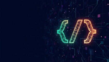 Glowing polygonal code brackets symbol on a dark futuristic digital background with network connections.