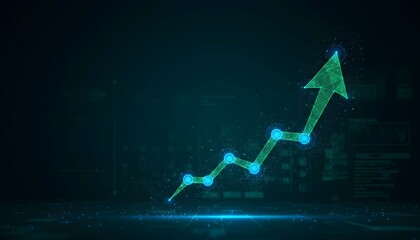Digital glowing green arrow graph showing business growth and financial success on a dark background.