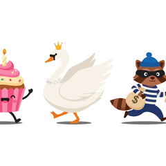 Cute Cartoon Cupcake Swan and Racoon Thief Running Together on White Background Illustration