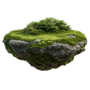Floating island of rock covered in moss and vegetation isolated on transparent background