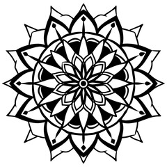 Intricate black and white mandala design with geometric petals