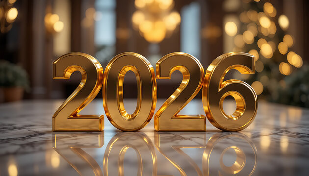 Golden 2026 New Year Celebration Text on Marble Table: Holiday Background and Future Planning Concept