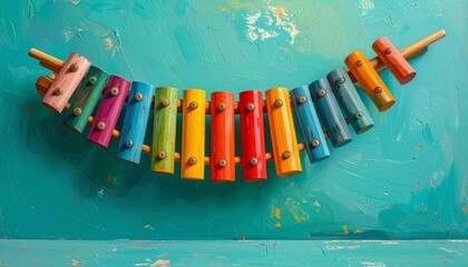 Colorful Wooden Xylophone with Mallets Mounted on Teal Background in Musical Instrument Close-Up