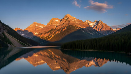 Golden light on majestic mountains reflecting in pristine lake