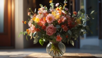 Floral bouquet in glass vase on wooden table