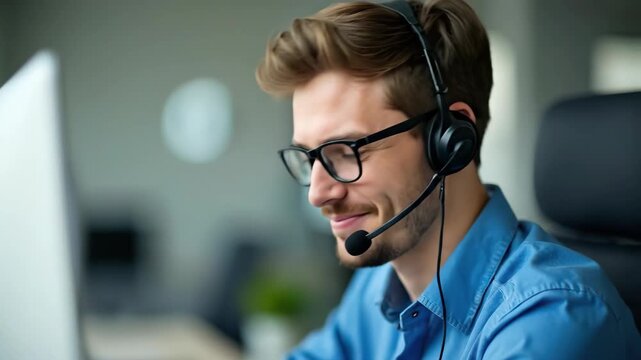 friendly caucasian man in headset and glasses smiling at camera. customer service agent working in call center office. helpdesk and technical support concept.